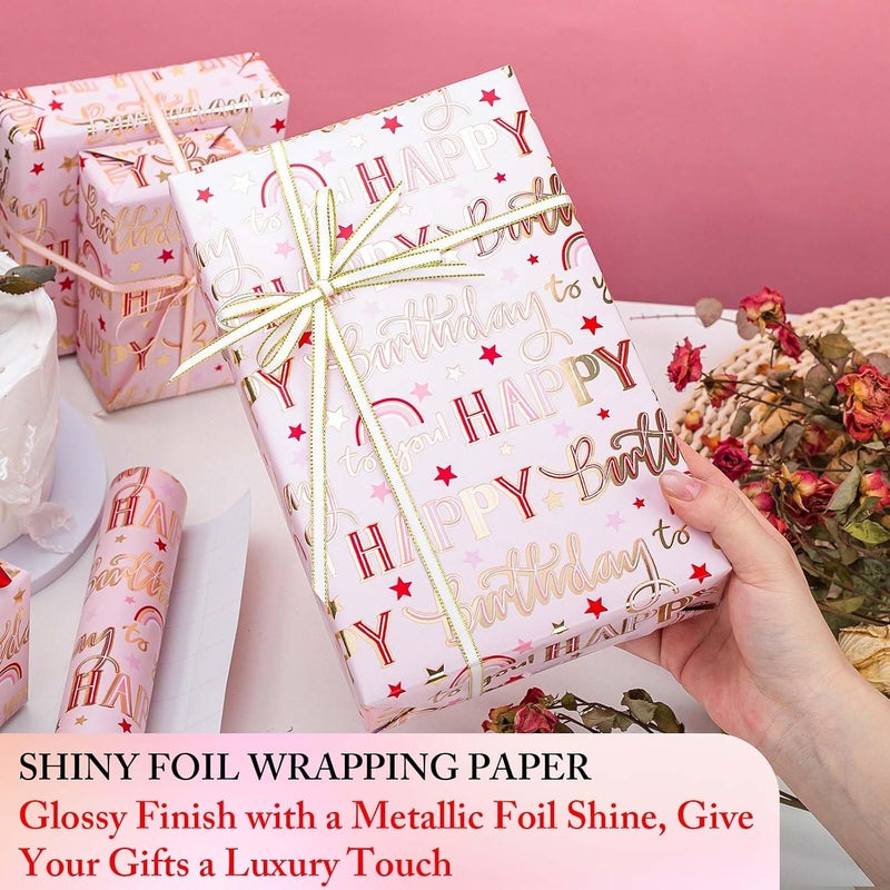 MAYPLUSS Pink Foil Happy Birthday Wrapping Paper Roll, Chic Metallic Rainbow and Star Gift Wrap for Girl Baby Shower Party(17 Inch x 33 Feet) - Image 2